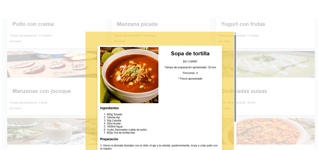 Modal view of the entries
